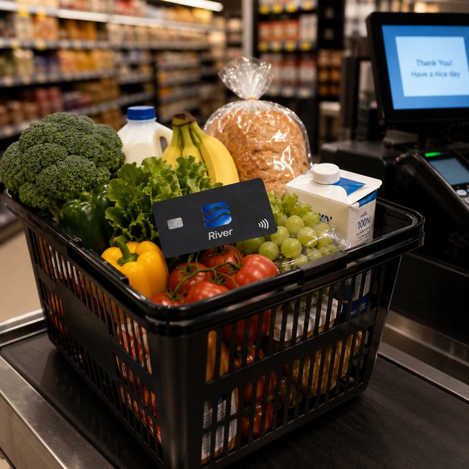 Grocery basket filled with produce, bread, milk, and a 'River' branded payment card resting on top, placed near a checkout screen reading 'Thank You! Have a nice day'.