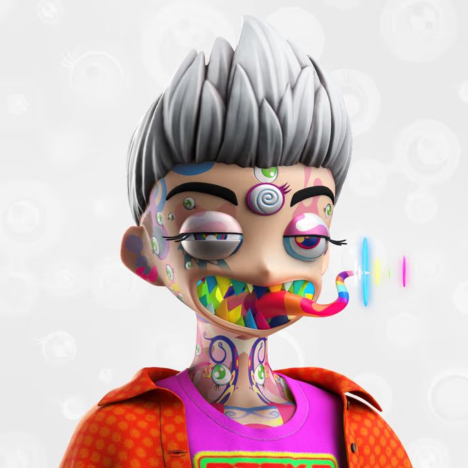 A colorful 3D-rendered cartoon character with spiky white hair, multiple mismatched eyes, vibrant tattoos, a rainbow tongue, and an orange jacket on a white background.