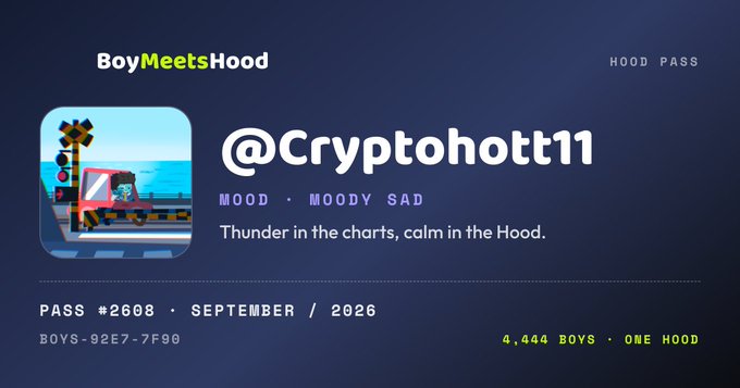 A digital card for 'BoyMeetsHood' featuring a character at a railroad crossing, titled '@Cryptohott11' with the tagline 'Thunder in the charts, calm in the Hood.'