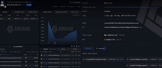 A dark-themed cryptocurrency analytics interface called 'ARKHAM' displaying portfolio data, balance history charts, and transaction details for a wallet address.