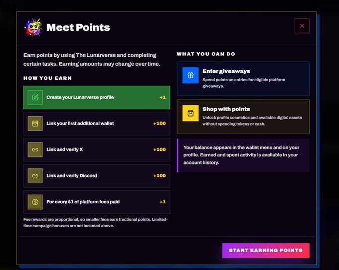 A 'Meet Points' interface explaining how to earn and spend points on The Lunaverse, with tasks like creating a profile (+1) and linking wallets (+100).