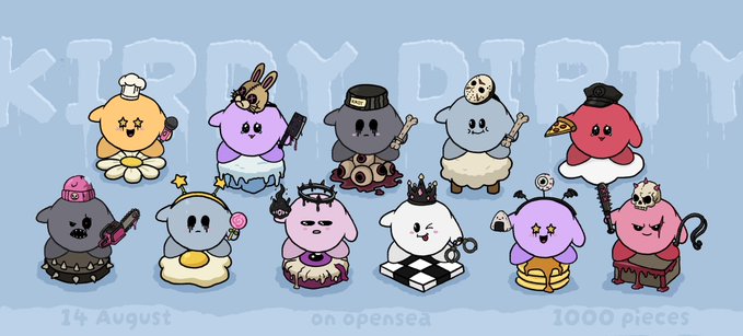 A promotional graphic titled 'KRUMPY DUMPTY' featuring various cute, round cartoon blob characters with different hats and accessories, noting '14 August', 'on opensea', and '1000 pieces'.