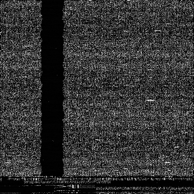 A noisy, static-filled black and white image with a black vertical stripe and a black band along the bottom, resembling a heavily distorted or glitched visual.