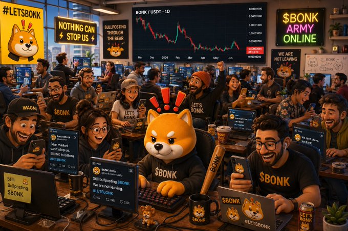 A cartoon Shiba mascot wearing a "$BONK" hoodie sits at a desk surrounded by enthusiastic community members holding phones and laptops, while a price chart for $BONK/USDT shows a recent decline above banners reading "NOTHING CAN STOP US," "$BONK ARMY ONLINE," and "#LETSBONK"—visually illustrating the post's message that the community persists with daily bullish posts and engagement despite market dips and FUD.