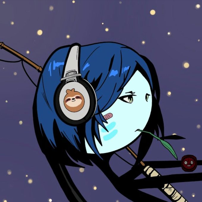 An anime-style illustration of a blue-haired character with headphones featuring a sloth design, holding a leaf in their mouth against a starry night background, with a small red-faced character visible on the right.
