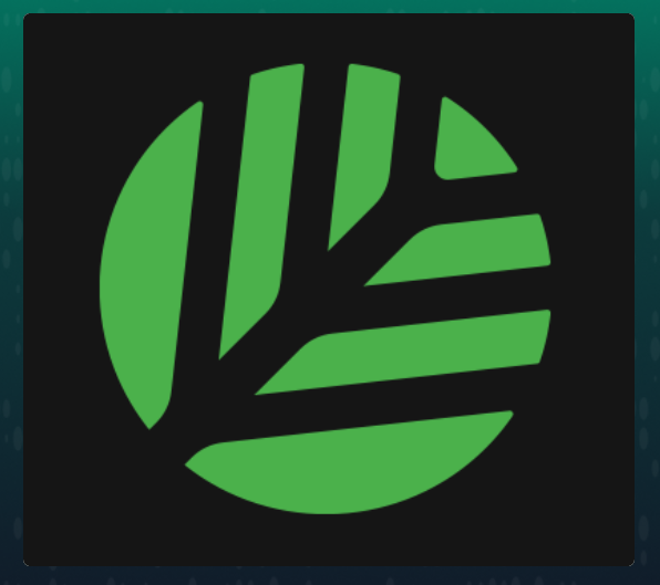 A logo featuring a stylized green leaf or feather design with flowing horizontal stripes on a black background.