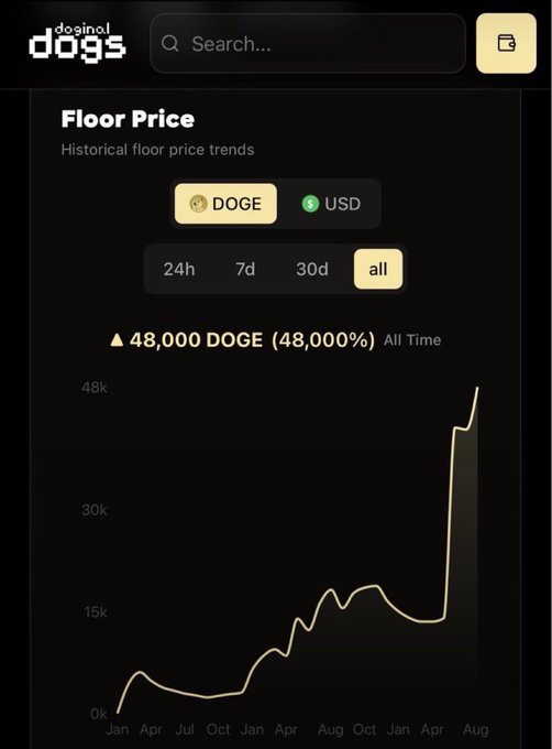 A screenshot from the 'casino DOGS' app displays a 'Floor Price' chart showing historical floor price trends in DOGE and USD, with a selected 'all' timeframe and an all-time peak labeled '▲48,000 DOGE (48,000%)'.