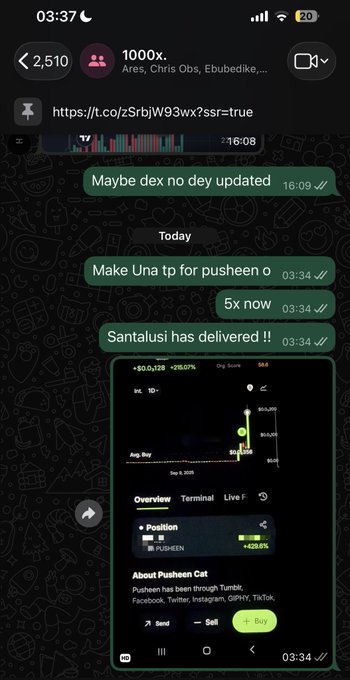 A WhatsApp chat screenshot shows traders excitedly sharing a 5x gain on the "PUSHEEN" token, with one message reading "Santaluis has delivered !!" and the DEX showing a "+429.8%" position increase on a coin worth $0.000063886, while a chart displays a price spike from August 9 to the present.