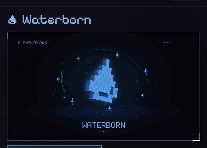 A digital interface with the text 'Waterborn' at the top, displaying a pixelated blue tree icon labeled 'ELEMENTBORNS' and 'WATERBORN'.