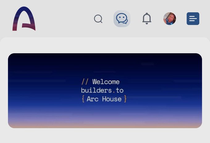 The image shows a webpage with a blue background featuring white text that reads "Welcome builders to Arc House". The text also includes a photo of an arc house building. Below this, there are two small icons representing a chat window and a bell icon. The image is accompanied by a caption that says "Hey builders in the Arc house, what did you build today Drop it in the comments and let us know what you're working on".