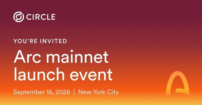 An invitation card for the 'Arc mainnet launch event' by Circle, scheduled for September 16, 2026, in New York City, displayed on a red and orange gradient background.
