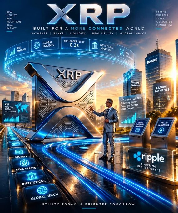 A promotional poster for XRP (Ripple cryptocurrency) features a man in a suit next to a large metallic XRP logo, with text including "XRP BUILT FOR A MORE CONNECTED WORLD," "REAL PAYMENTS, REAL ADOPTION, REAL IMPACT," "PAYMENTS | BANKS | LIQUIDITY | REAL UTILITY | GLOBAL IMPACT," "XRP LEDGER SETTLE 0.3s," and "ripple POWERING REAL PROGRESS."