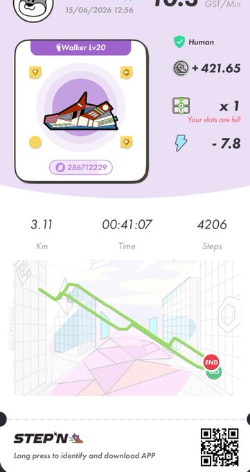 The image shows a step counter app with a purple background, displaying a map of a city street and a pair of shoes. The app has a long press button at the bottom left corner for identification and download.