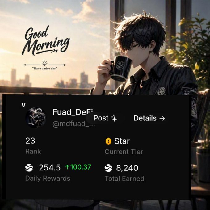 The image features a man sitting at a table with his feet up while holding a cup of coffee. The background shows an urban cityscape with buildings and trees. The caption for the image reads "Good Morning" followed by a description of the scene, which includes details about the man's position in relation to the camera, the setting, and the overall atmosphere.