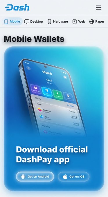 The image shows a smartphone screen displaying an advertisement for DashPay, which is an app designed to help users manage their mobile wallets more efficiently. The phone's screen displays a blue background with white text that reads "DASH Mobile Wallets". Below this, there are three buttons on the screen, each labeled with different colors: red (for "download"), green (for "get on android"), and yellow (for "ios"). The image also includes a link to the DashPay app.