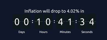 A digital countdown timer displays the text "Inflation will drop to 4.02% in" above digits showing 00:10:41:34 (days, hours, minutes, seconds), connecting to the cryptic "s00n" post by suggesting an imminent economic prediction.