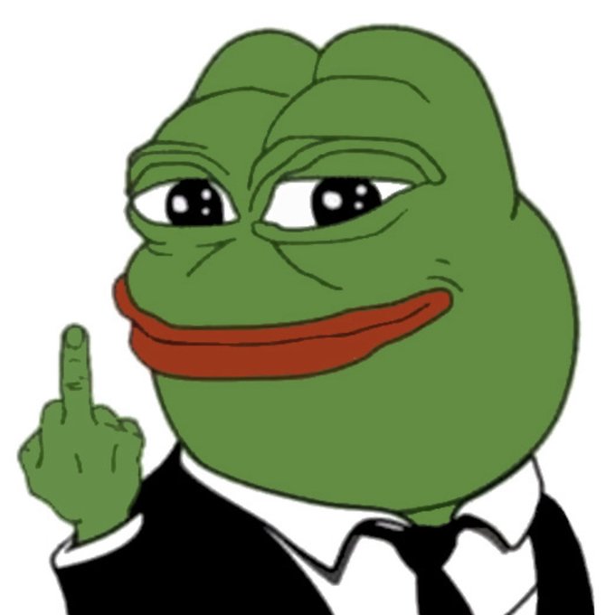 The classic Pepe the Frog meme character drawn in a suit with a red tie, pointing upward with his finger in a smug expression.