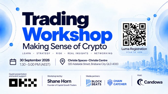 A promotional graphic for a Trading Workshop titled "Making Sense of Crypto," featuring a QR code for Luma Registration and event details including the date (30 September 2026), time (1:30–5:00 PM AEST), and venue (Christie Spaces - Christie Centre, 320 Adelaide Street, Brisbane City QLD 4000), with Shane Horn of Capital Growth Traders as the workshop leader and Candowa as host.