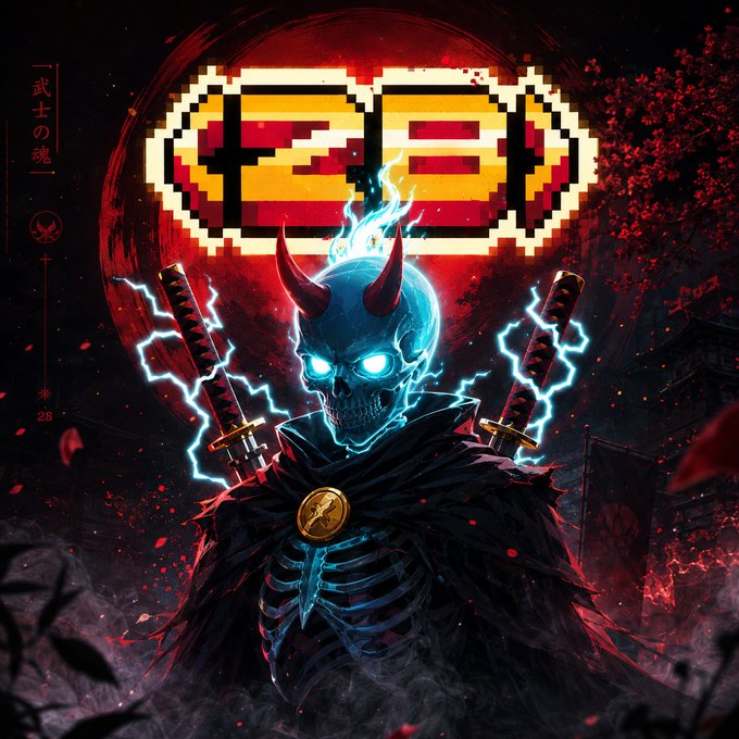 A demonic samurai skull with glowing blue energy, dual katanas, and a pixelated "030" emblem against a red moon background complements the announcement of a free NFT mint collaboration with @zec_bit. The artwork's dark, warrior aesthetic visually reinforces the "Space Rider" collection theme and its zero-royalty offering to holders.