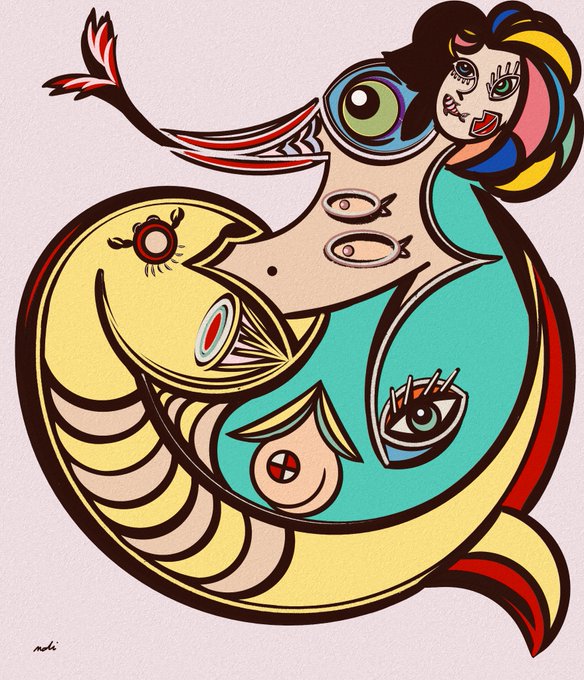 A colorful abstract illustration featuring a stylized woman with multicolored hair intertwined with surreal elements including a yellow fish, an eye, and a bird-like creature, signed 'neli' in the bottom left corner.