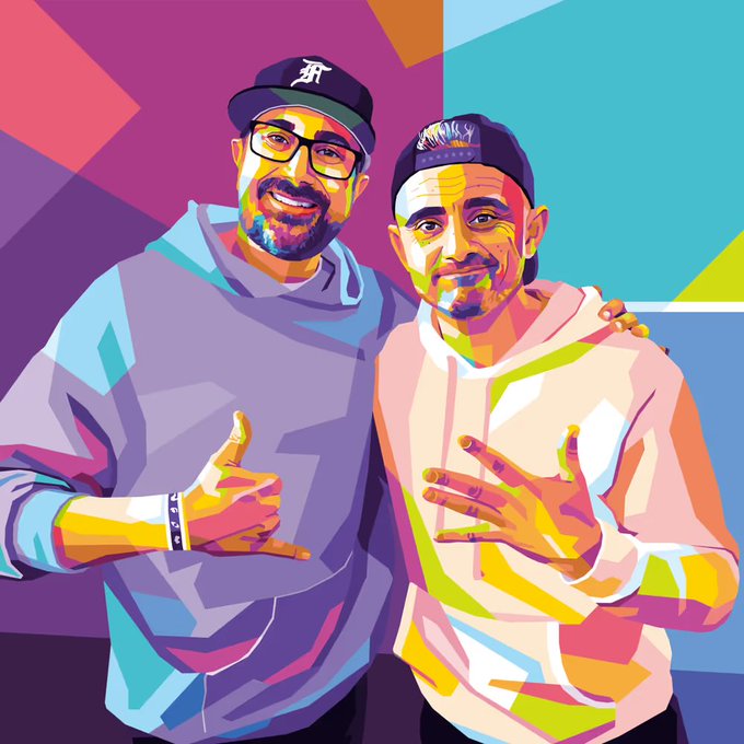 A vibrant WPAP (Wedha's Pop Art Portrait) style digital illustration of two smiling men wearing caps and hoodies, rendered in bold geometric blocks of purple, pink, yellow, and blue colors.