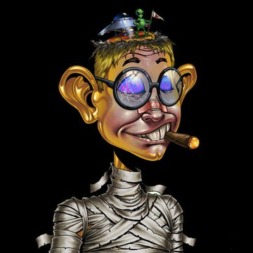 A surreal 3D rendered character with oversized ears, round purple reflective sunglasses, a wide grin with a cigar, and small plants growing from the top of his head, set against a black background.