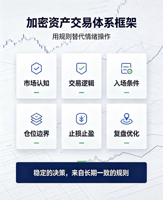An infographic in Chinese titled '加密资产交易体系框架' (Cryptocurrency Trading System Framework) displays six components: 市场认知 (Market Cognition), 交易逻辑 (Trading Logic), 入场条件 (Entry Conditions), 仓位边界 (Position Boundaries), 止损止盈 (Stop Loss/Take Profit), and 复盘优化 (Review Optimization), with the bottom text reading '稳定的决策，来自长期一致的规则' (Stable decisions come from long-term consistent rules).