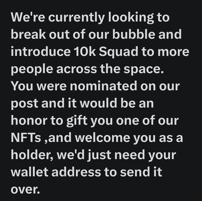 A text message from "10K Squad" offering to gift a free NFT and asking for a wallet address, which the recipient shares to highlight the community-driven outreach within the Monad ecosystem.