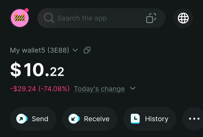 A cryptocurrency wallet interface showing a balance of $10.22 in wallet '5 (3E88)', with a daily change of -$29.24 (-74.08%) and buttons for Send, Receive, and History.