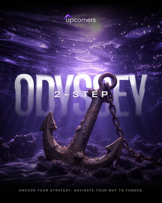 A promotional graphic for 'upcomers' titled 'ODYSSEY 2-STEP' featuring a rusted anchor underwater with purple lighting and the tagline 'ANCHOR YOUR STRATEGY. NAVIGATE YOUR WAY TO FUNDED.'