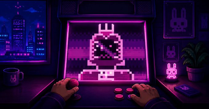A player at an arcade machine featuring a pixel-art bunny character in a neon-purple hoodie, with a neon bunny lamp, mug, and posters matching the character in the background. The image evokes the gaming theme tied to the post's whitelist code giveaway and community milestone of nearly 4K followers supporting "orvo."