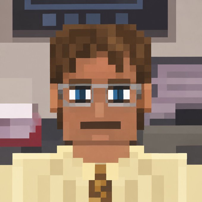 A pixel art style rendering of a person with brown skin, short brown hair, blue eyes behind glasses, and wearing a yellow shirt and tie.
