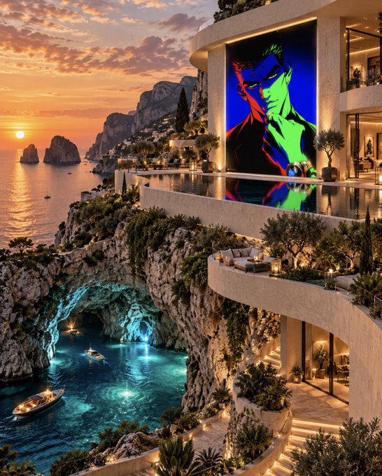 A luxurious cliffside villa overlooks a stunning sunset seascape, with boats gliding through a turquoise grotto and a vibrant NFT-style digital portrait of a green and blue figure glowing from the terrace—perfectly blending high-end crypto living with the NFT community's creative energy. 💚
