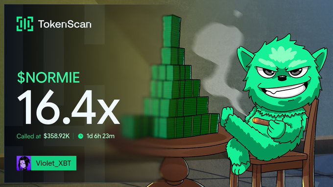 TokenScan graphic featuring a green furry character smoking a cigar next to stacks of money, highlighting '$NORMIE' at '16.4x' with the text 'Called at $358.92K' and username 'Violet_XBT'.