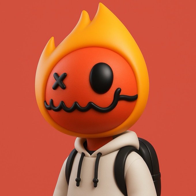 A 3D-rendered character with a flame-shaped orange and yellow head featuring an X eye and creepy smile, wearing a white hoodie and black backpack on a red background.