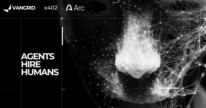 A stylized graphic featuring logos for VanGrid and Arc alongside the bold text 'AGENTS HIRE HUMANS' against a dark background with a network of interconnected white lines and dots.