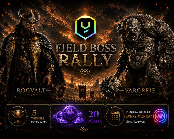 A promotional graphic for 'FIELD BOSS RALLY' featuring two fantasy characters named ROGVALT and VARGREIF, advertising weekly prizes of 20 WEMIX and Monday announcements via Discord.