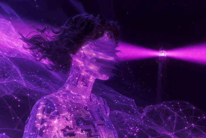 A purple neon digital artwork depicting a woman with flowing hair next to a lighthouse emitting a bright pink beam across a dark, starry sky.