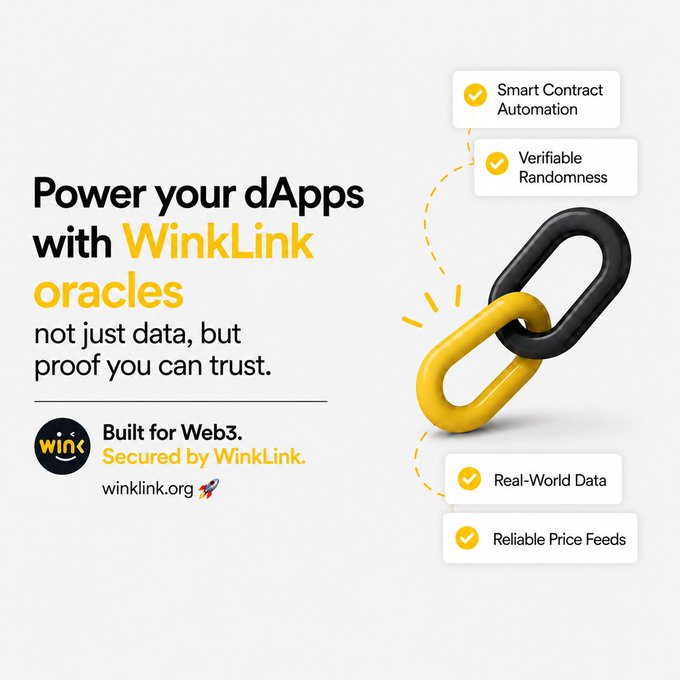 An advertisement for WinkLink oracles reading 'Power your dApps with WinkLink oracles not just data, but proof you can trust,' listing features like 'Smart Contract Automation,' 'Verifiable Randomness,' 'Real-World Data,' and 'Reliable Price Feeds.'