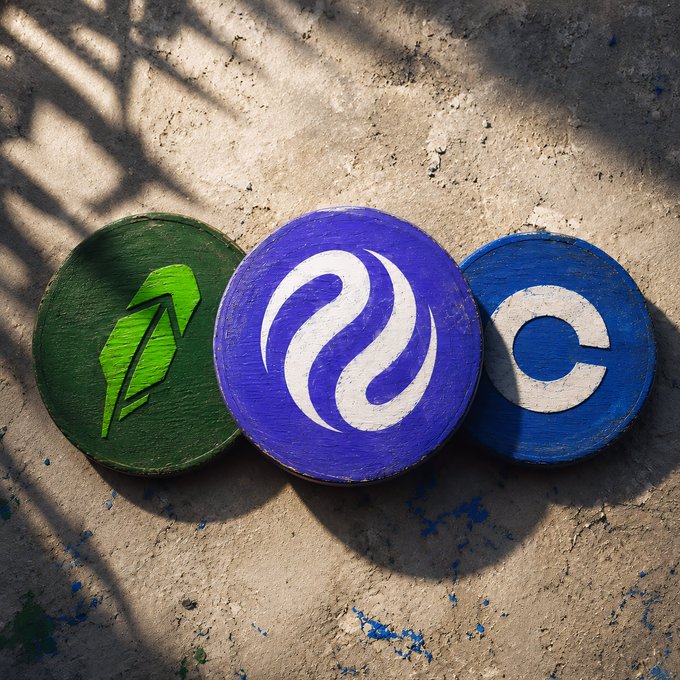 Three wooden discs painted with the logos of Robinhood (green feather), Injective (purple "INJ" emblem), and Coinbase (blue "C") rest on a dusty concrete floor, visually representing the partnerships mentioned in the post that are expanding Injective's accessibility to mainstream retail users.