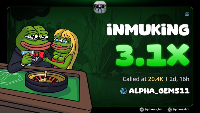 A promotional graphic for the INMU token showing a 3.1x gain, called at 20.4K, with Pepe the Frog characters at a roulette table, tagged by @phanes_bot.