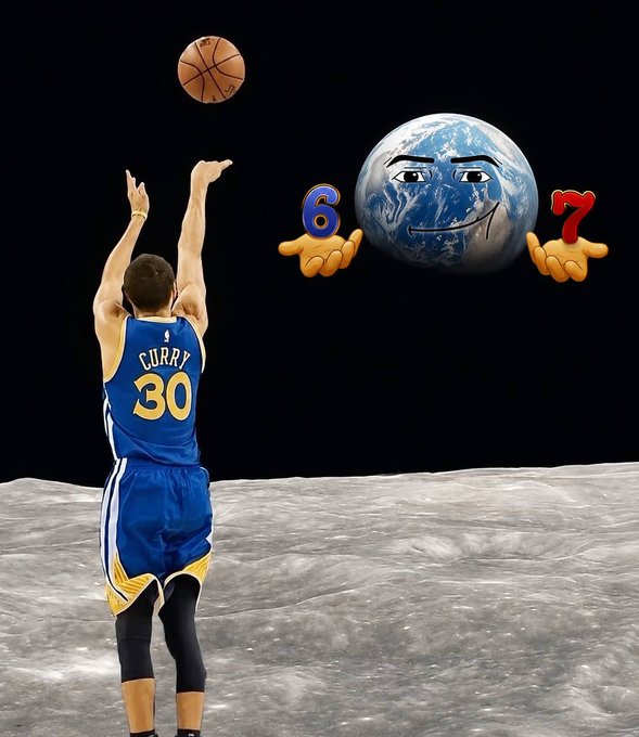 A meme image features basketball player Stephen Curry (jersey #30) shooting on a lunar surface, while Earth, anthropomorphized with a face, holds up '6' and '7' finger signs in a Drake-style gesture.