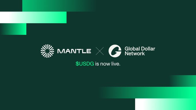 The image is a promotional graphic with a dark green background featuring the Mantle logo alongside the Global Dollar Network logo, connected by an "X" symbol, with the text "$USDG is now live" displayed below. The graphic visually announces the integration of the $USDG stablecoin onto the Mantle network, matching the accompanying post about Paxos-issued USDG becoming available as part of Mantle's institutional-grade stablecoin offerings.