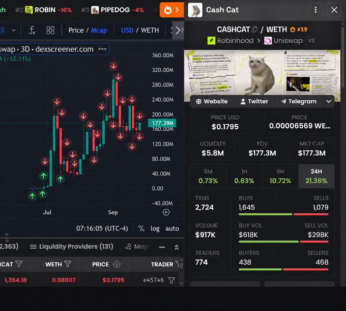 A Dexscreener chart for Cash Cat (CASHCAT) is displayed alongside a detailed token information panel showing a current price of $0.1795 USD (0.000006569 WETH), with a 24-hour gain of 21.36% and a market cap of $177.3M, illustrating the impressive returns the poster has realized on their position.