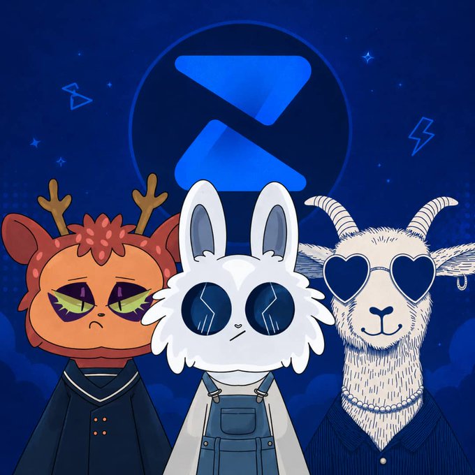 Three whimsical animal characters—a brown antlered deer, a white rabbit in overalls, and a horned goat with heart-shaped sunglasses—pose in front of a glowing blue Z logo, representing the Zerion × Nibblins collaboration launching a 10,000-supply NFT collection on Robinhood Chain via OpenSea.