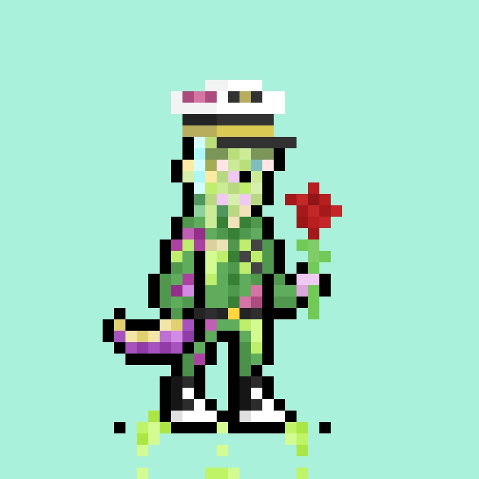 A pixel art illustration of a green dinosaur-like character wearing a hat and holding a red flower against a light teal background.