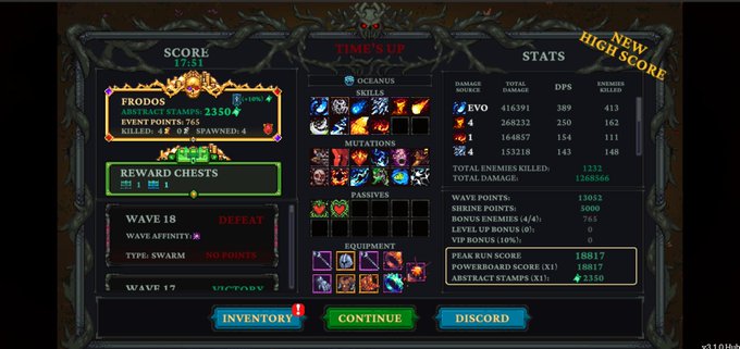 A game-over screen displays "TIME'S UP" and "NEW HIGH SCORE" with stats including a final score of 17,581 reached at Wave 18 on Defeat mode, noting 1232 enemies killed and 1,360,566 total damage dealt. The image aligns with the post about reaching Wave 18 before losing due to lacking Arcane skills, showcasing the build details like Oceanus skills, Mutations, and equipment used in the run.