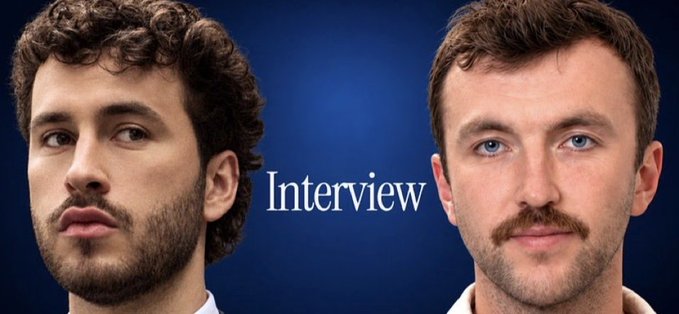 A YouTube thumbnail displays two men with beards against a blue background, with the word 'Interview' written between them.
