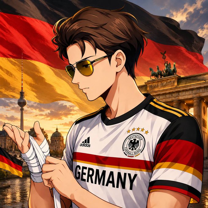 The image shows a man wearing a white shirt that says "GERMANY" and sunglasses. He appears to be looking down at his hand, possibly adjusting something or preparing for an activity. The background features a large German flag with the word "GERMANY" written on it in red letters. There is also a tower visible in the image.