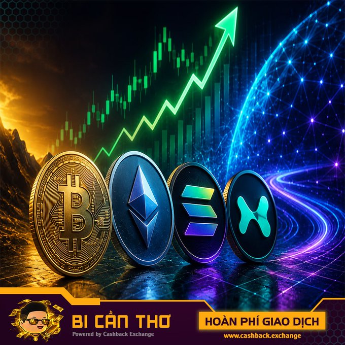 A promotional graphic for "Cashback Exchange" featuring Bitcoin, Ethereum, Solana, and XRP coins against a backdrop of a glowing green upward arrow and candlestick chart, illustrating the altcoin rally and Bitcoin's support zone around 63,000 USD mentioned in the post. The banner includes the Vietnamese tagline "Bí Cân Thơ" and "Hoàn Phí Giao Dịch."